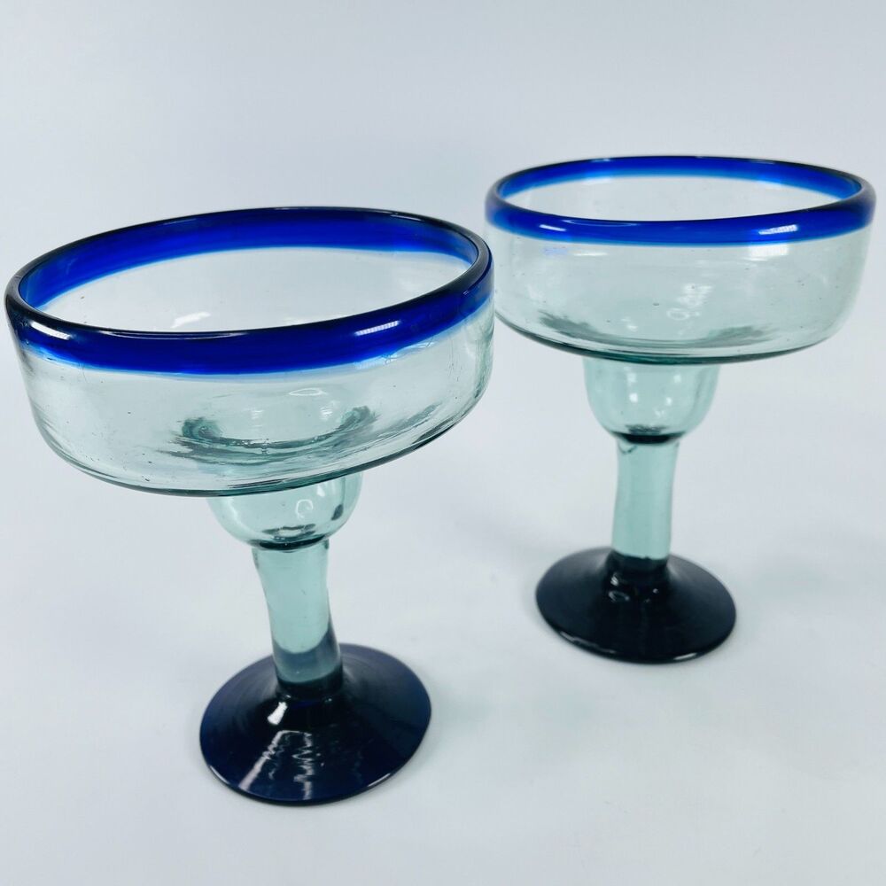 2 LG Hand Blown Margarita Glasses Clear w/ Cobalt Blue Rim & Base Cocktail Glass